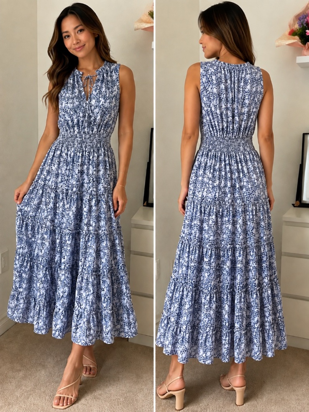 1 State Blue & White Floral Print Maxi Dress NEW